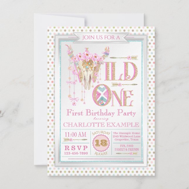 Filles Boho Wild One First Birthday Invitations (Devant)