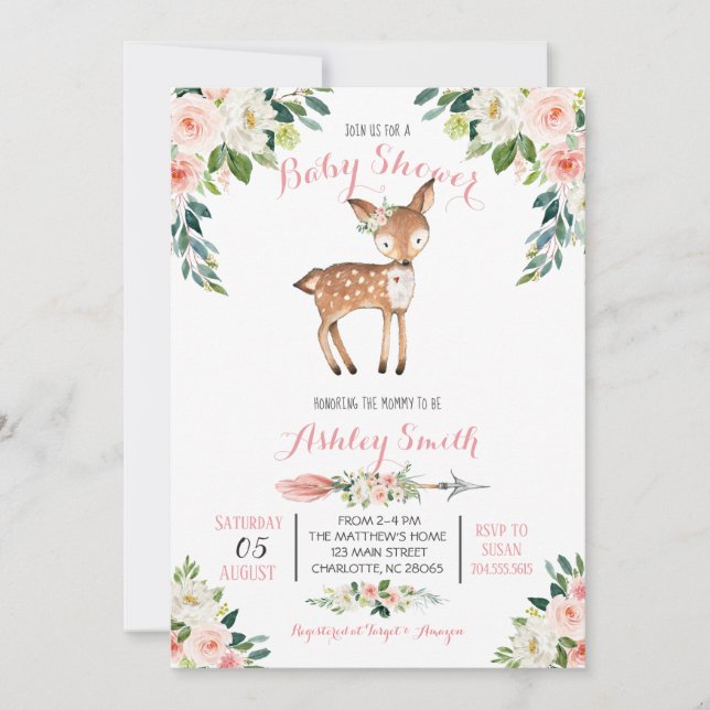 Filles Cerf de Bois Bébé Douche Invitations (Devant)