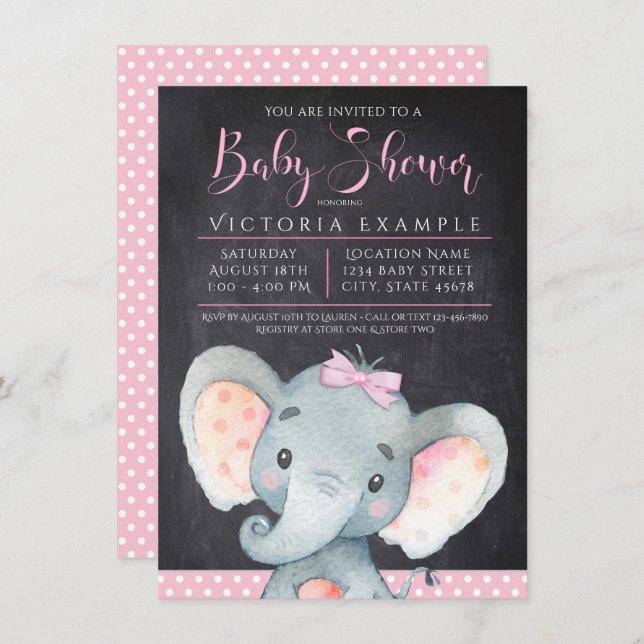 Filles Chalkboard Elephant Baby shower Invitation (Devant / Derrière)