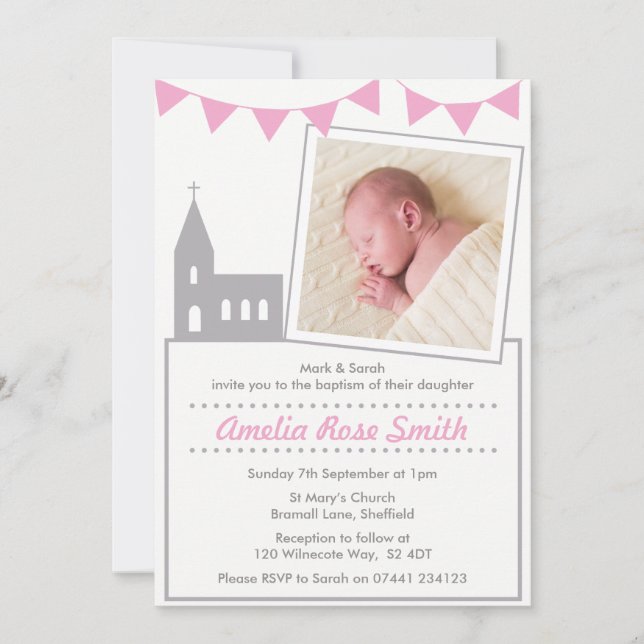 Filles Christening/Baptême Invitation (Devant)