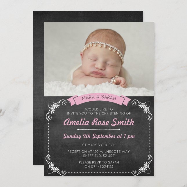 Filles Christening/Baptême Invitation (Devant / Derrière)