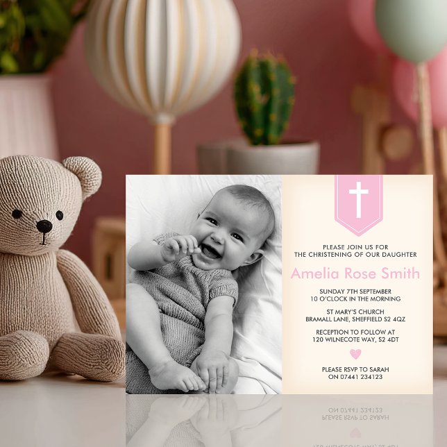 Filles Christening/Baptême Invitation (Invite your loved ones to your baby girl's christening with this soft and elegant invitation)