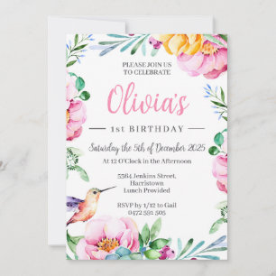 Filles colibri Invitation fête d'anniversaire rose