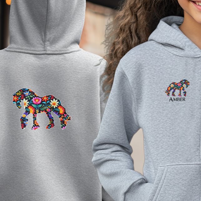 Filles colorées Floral Horse Sweatshirt à capuche (Youth floral draft horse hoodie in gray)