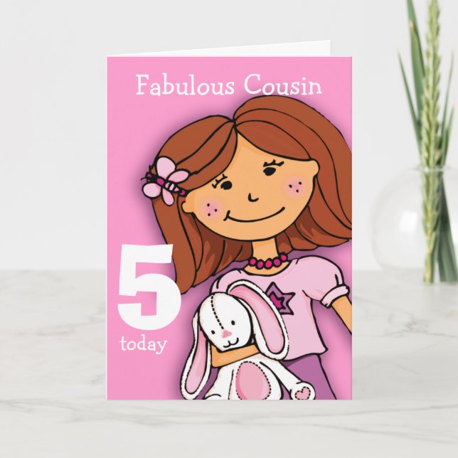 Filles Cousin 5e anniversaire carte girlie rose (Devant)