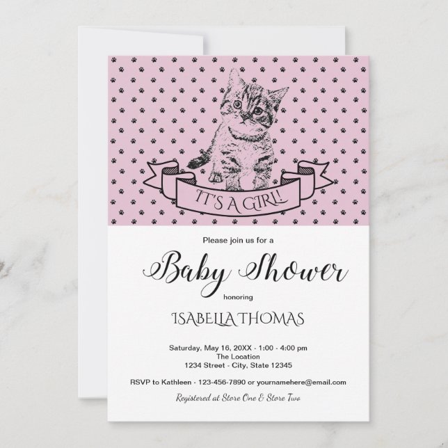 Filles Cute Kitten Purple Baby shower Invitation (Devant)