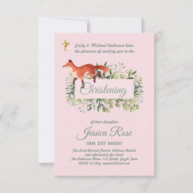 Filles de Fox de bois Christening Invitations Bapt (Devant)