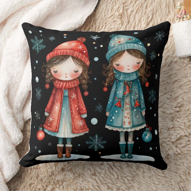 Filles de Noël Fantaisistes dans la Neige Coussin  (Couverture)