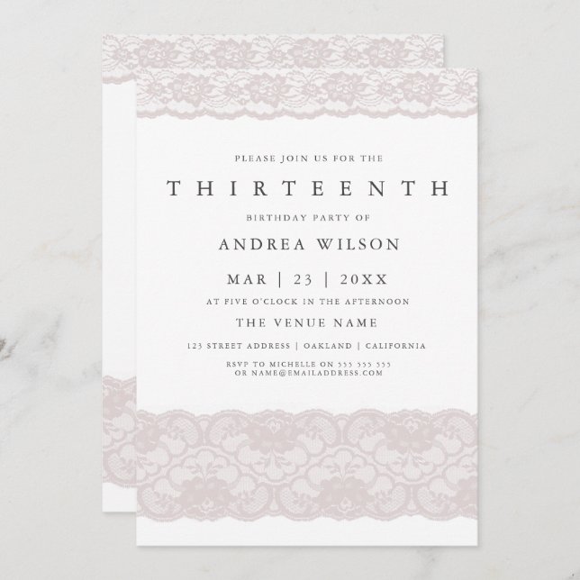Filles Dentelle rose 13e anniversaire Invitation d (Devant / Derrière)