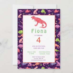 Filles Dinosaure Rose Anniversaire Invitation
