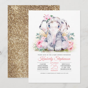 Filles Eléphant Floral Baby shower Invitation