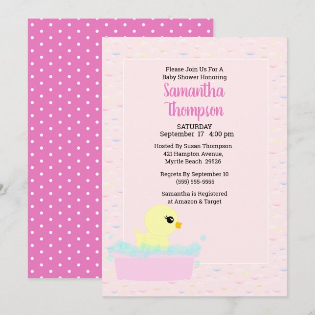 Filles en caoutchouc Ducky Baby Shower Invitations (Devant / Derrière)