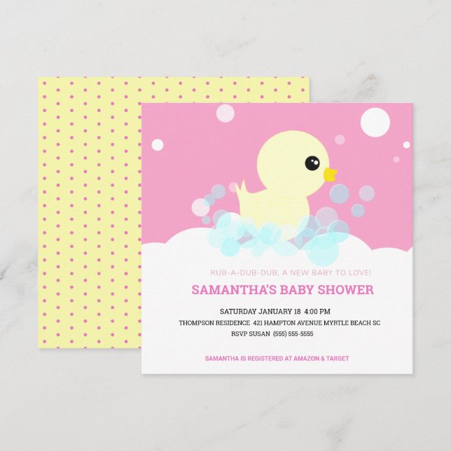 Filles en caoutchouc Ducky Baby Shower Invitations (Devant / Derrière)