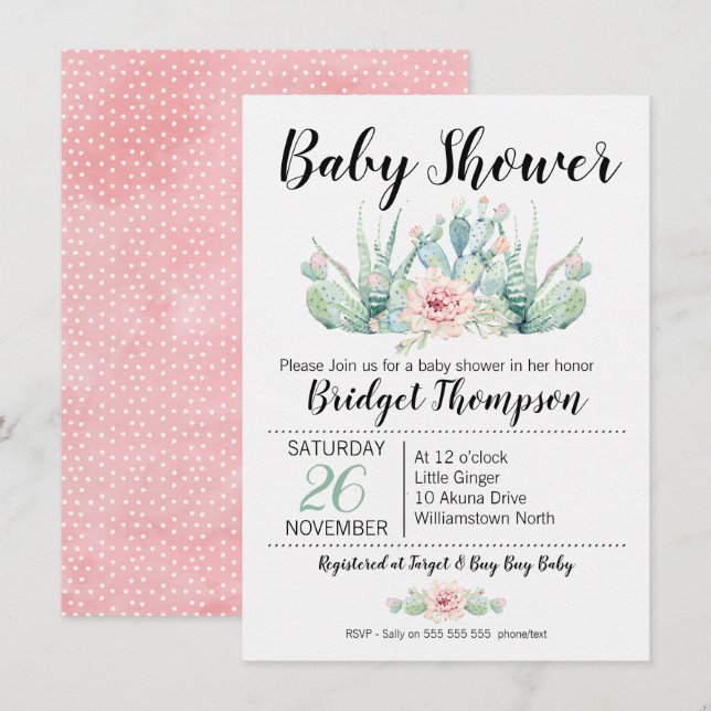 Filles Floral Cactus Baby shower Invitation (Devant / Derrière)