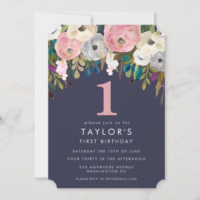 Filles Florales peintes 1er Invitation d'anniversa (Devant)