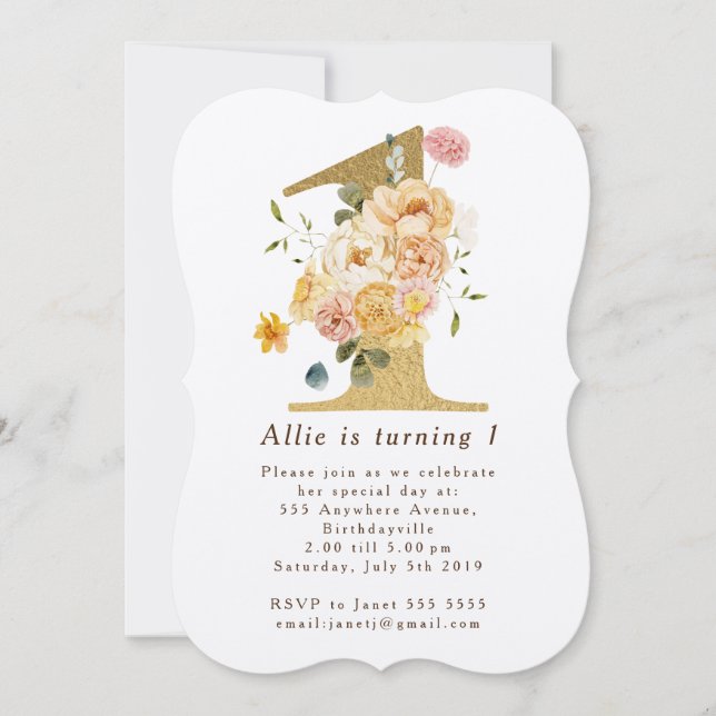 Filles Gold Floral 1er anniversaire Invitation de  (Devant)