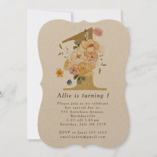 Filles Gold Floral 1er anniversaire Invitation de 
