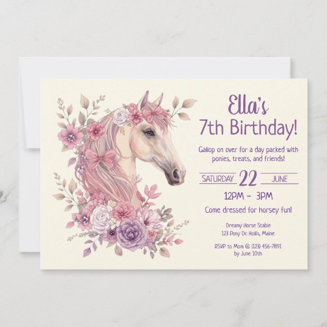 Filles Jolis Petits Chevaux Invitation Fleurale Pa (Devant)