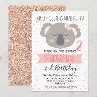 Filles Koala Ours Anniversaire Invitation