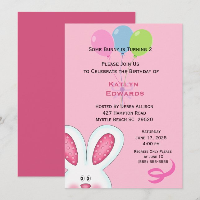 Filles Lapin Lapin Anniversaire Invitation (Devant / Derrière)