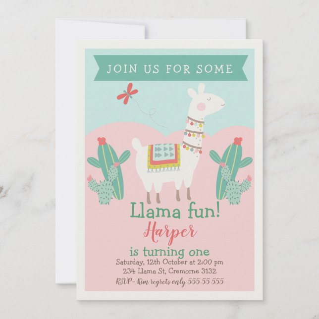 Filles Llama Cactus Invitation Anniversaire (Devant)