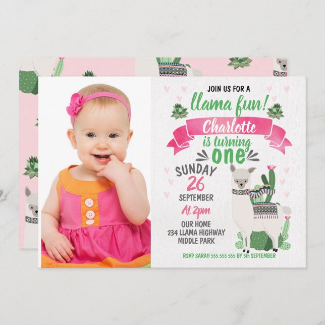 Filles Llama Photo Anniversaire Invitation (Devant / Derrière)