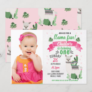Filles Llama Photo Anniversaire Invitation
