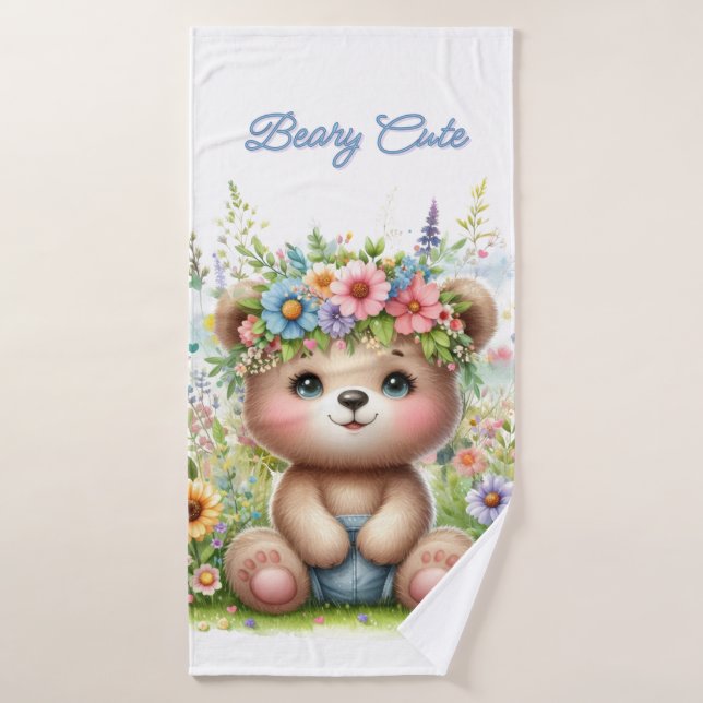 Filles mignonne Ours avec Fleurs Bleues Rose Servi (Serviette de bain)