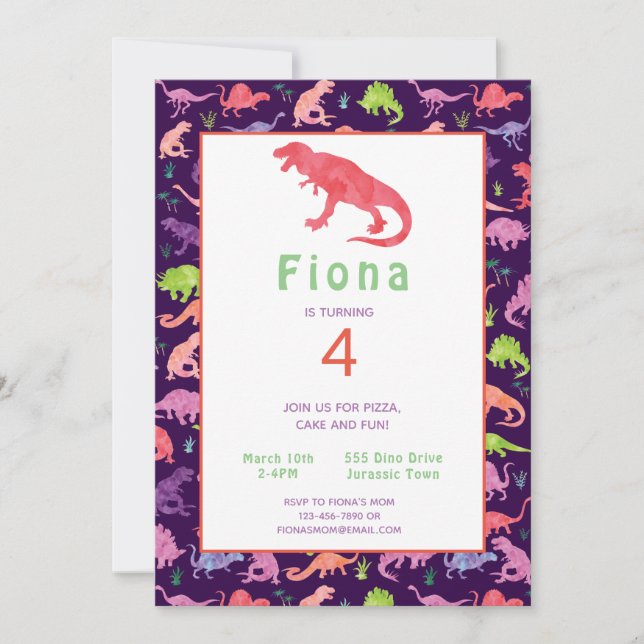 Filles mignonnes Dinosaure Anniversaire Invitation (Devant)