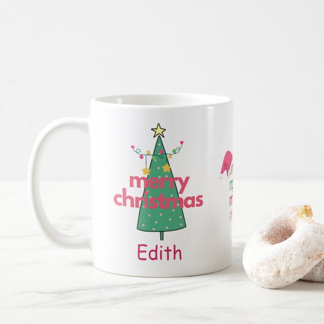 Filles mignonnes Joyeux Arbre de Noël Rose Mug (Avec donut)