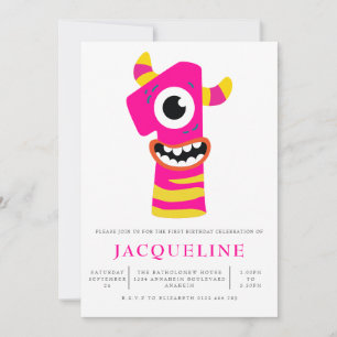 Filles Monster 1er Anniversaire Fête Invitation