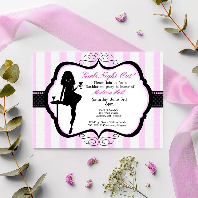 Filles Night Out Bachelorette Invitation (Pink White and Black Striped Girl's Night Out Jewelry Party Invitation)