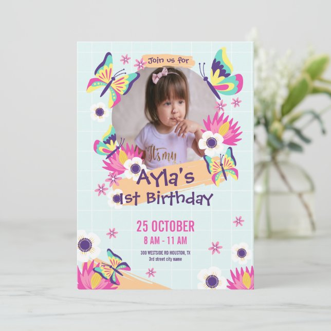 Filles Papillon 1er Anniversaire Invitation avec p (Debout devant)