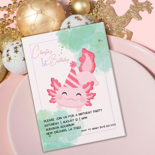 Filles Pink Axolotl 1er Anniversaire Invitation (Créateur téléchargé)