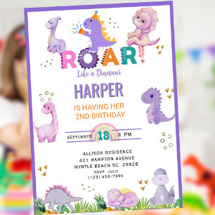 Filles Roar Dinosaure Anniversaire Invitation