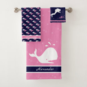 Filles rose Monogramme Nom Cartoon Baleine Bleu Ma