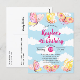 Filles roses Papillon Anniversaire Invitation