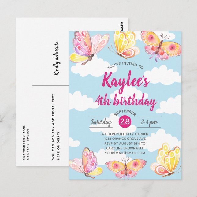 Filles roses Papillon Anniversaire Invitation (Devant / Derrière)