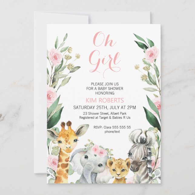 Filles Safari Floral Wreath Baby shower Invitation (Devant)
