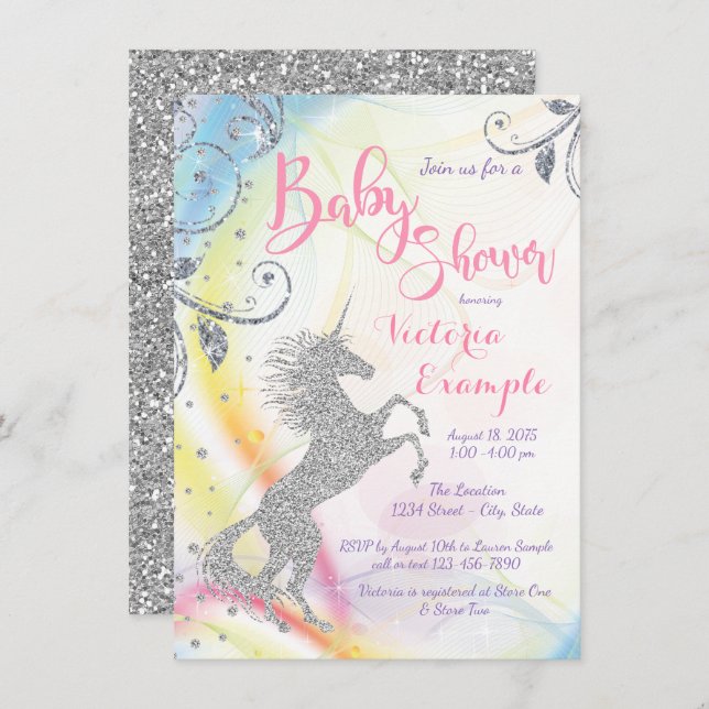 Filles Silver Unicorn Baby Shower Invitations (Devant / Derrière)