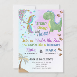 Filles sirène et invitation d'anniversaire de dino