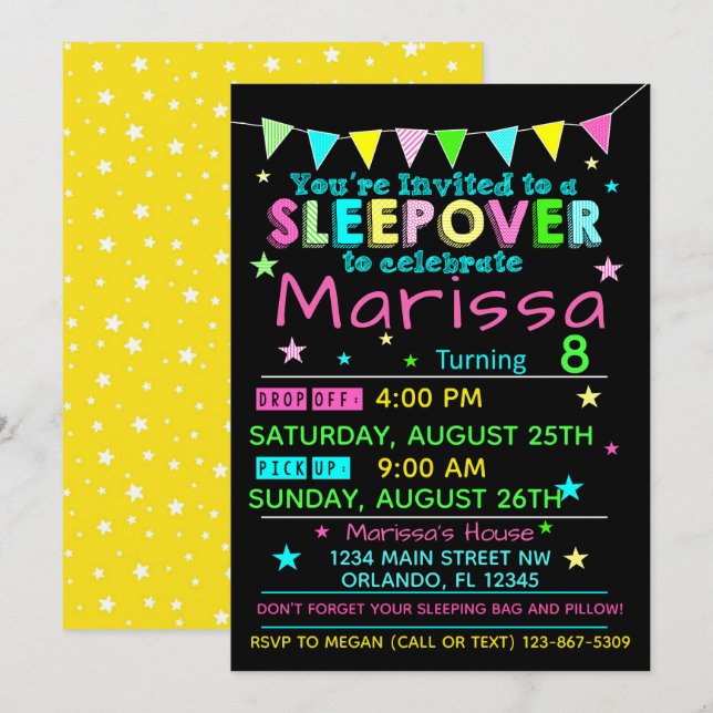Filles Sleepover Anniversaire Invitation Fête de b (Devant / Derrière)