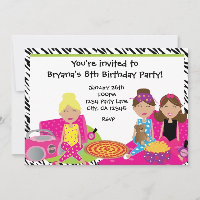 Filles Sleepover Fête de bois Zebra Invitation (Devant)