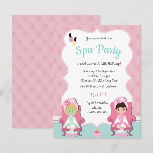 Filles Spa Invitation Pamper party Invitation (Devant / Derrière)