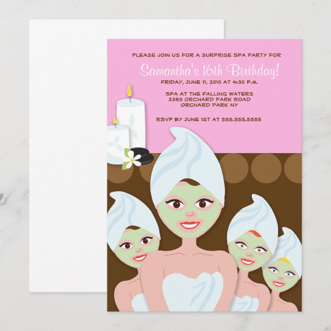 Filles spas Invitation d'anniversaire, n'importe q (Devant / Derrière)