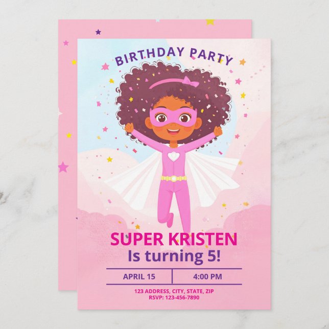 Fille's Super Hero Invitations d'anniversaire - Ed (Devant / Derrière)