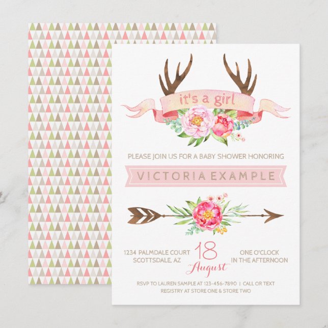 Filles Tribal Antler Floral Baby Shower Invitation (Devant / Derrière)