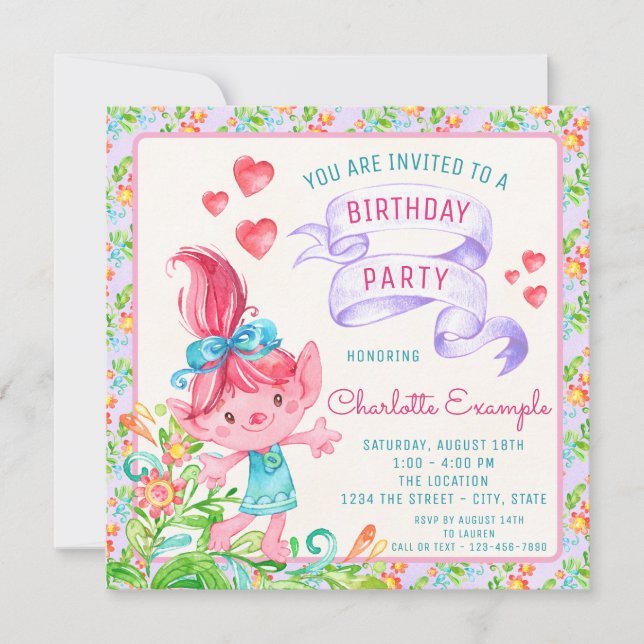 Filles Troll Invitations de fête d'anniversaire (Devant)