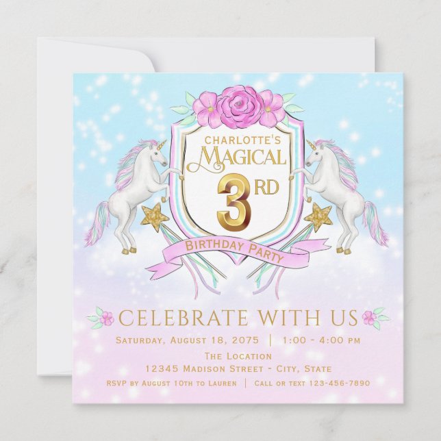 Filles Unicorn 3e anniversaire fêtes invitations (Devant)