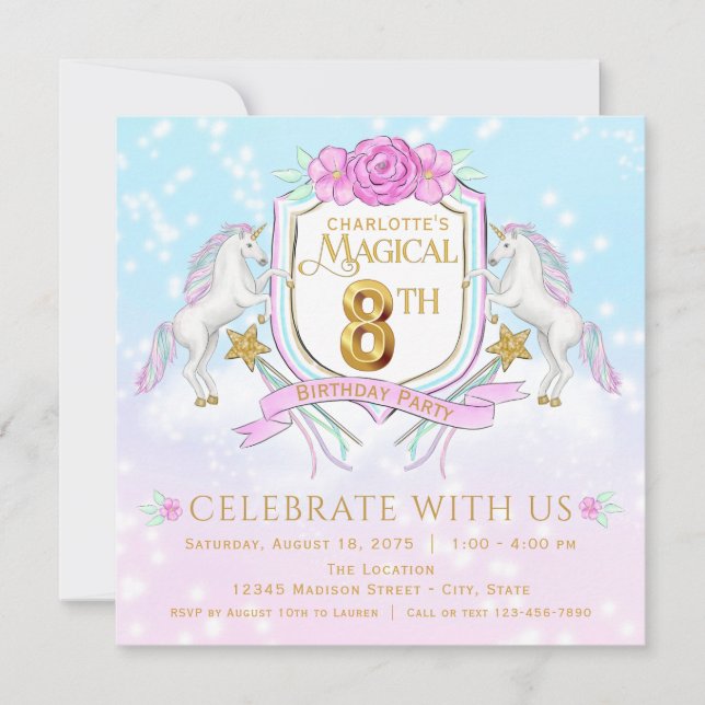 Filles Unicorn 8e anniversaire fêtes Invitations (Devant)